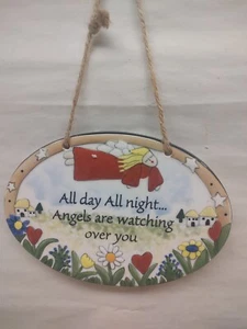 VTG '80s Painted Porcelain Angel w/Saying Hanging Wall Art - Picture 1 of 7