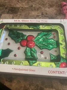 Sam’s Christmas Holiday Holly 14 Zoll handbemalt 3D Glas Serviertablett - Neu - Bild 1 von 9