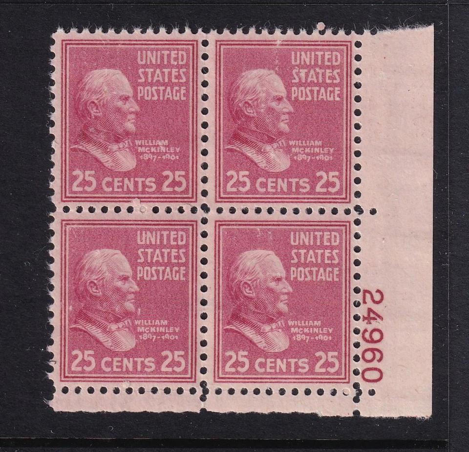 1938 PREXY William McKinley 25c Sc 829 MNH plate block OF 4 (CF - Image 1 of 1