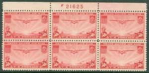 EDW1949SELL : USA 1937 Scott #C22 Top PL# Block of 6 XF, MNH Scarce. Cat - Picture 1 of 2
