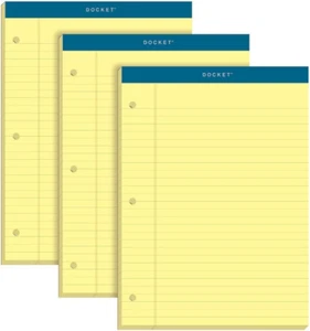 Docket Writing Pads, 8-1/2" X 11-3/4", Legal Rule, Canary Paper, 3-Hole Punched, - Picture 1 of 12