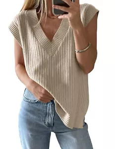 Women's 2024 Casual Summer Tops Sleeveless Oversized Sweater Vest V Neck Cap ... - Picture 1 of 6