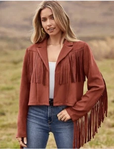 Cropped Faux Suede Fringe Jacket Medium - NEW - Picture 1 of 9