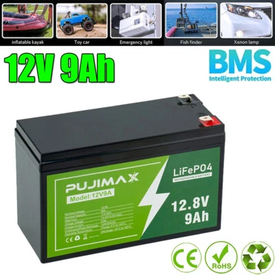 PUJIMAX LiFePO4 Deep Cycle Rechargeable Lithium Battery 12V 9Ah Built-in BMS 5000+ Cycle