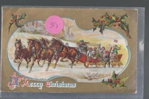 Merry Christmas Postcard Children Riding in Horse Pulled Sleigh Snow Holly #39 - Picture 1 of 2