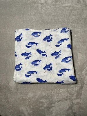 Angel Dear Baby Swaddle Blanket Blue Whale Fish White Cotton Blend Lovey 47"x47" - Image 1 of 4