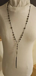 Vintage Gold Tone Smoky Grey Stone Long Tassel Adjustable Length Necklace 24" - Picture 1 of 6