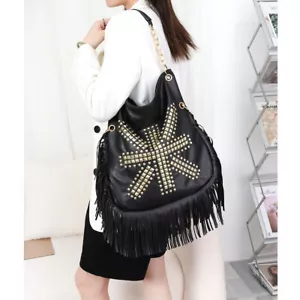 Women Fashion Tassel Handbag with Rivets Shoulder Bag PU Leather - Picture 1 of 10