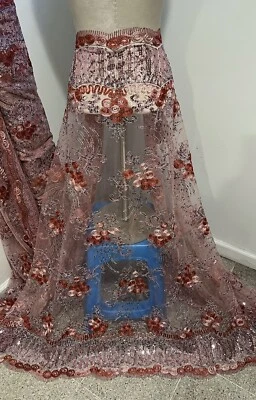 Burgundy Pink Silver Embroidery Sequins Lace Fabric 50” Width 1 Yard - Image 1 of 4