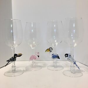 4 Murano Style Art Wine Glasses, Stemware w/ Blown Bird Stems Excellent Cond