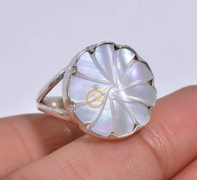 White Pearl Ring Flower Design Stone 925 Sterling Silver Rings Gift Jewelry - Image 1 of 4