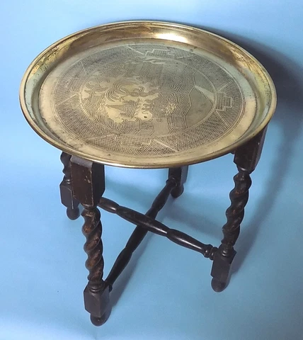 English Antique Oak Barley Twist Folding Small Table. Engraved Brass Top Cover