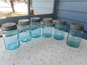 6 Vintage PERFECT MASON BLUE BALL Canning Pint Jars w Zinc Lids - Picture 1 of 18