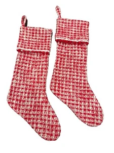 2 Crate and Barrel Christmas Stockings Peppermint /BAS/Rouge Pom Poms Knit 22x7” - Picture 1 of 4