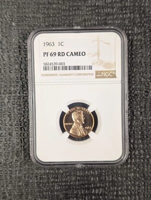 1963 PF 69 RD CAMEO Lincoln Wheat Cent NGC - Stunning Contrast - Image 1 of 4