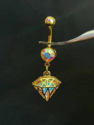 1pc Iridescent Diamond-Shaped Gem Dangle Belly Ring Steel Navel Naval - Image 1 of 4