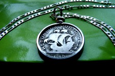Pre 1950  Portuguese Silver Ship Coin Pendant on a 30" 925 Sterling Silver Chain