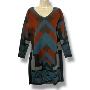 Peruvian Connection Size M Pima Cotton Sweater Dress Aztec Geometric V-Neck - Picture 1 of 5