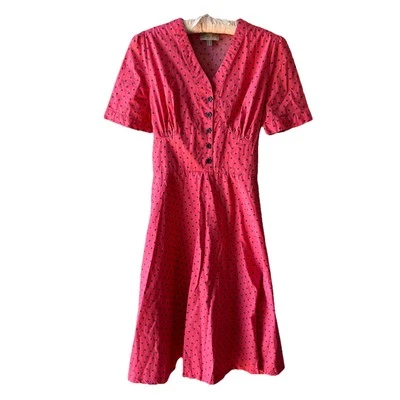 Lindy Bop Ionia Fit & Flare Dress Women’s 10 Retro Coral Pink Blue Polka Dots - Image 1 of 4