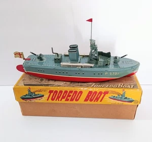 Barco torpedero Marusan San Japón hojalata litografía cuerda Segunda Guerra Mundial 12" años 50 caja P5701 funciona casi nuevo - Imagen 1 de 12