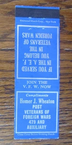 FRATERNAL V.F.W. POST 479 MATCHBOOK COVER: WORCESTER, MA EMPTY MATCHCOVER -A9 - Picture 1 of 2