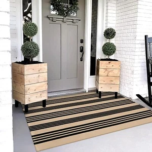 Outdoor Rug 3'x5' Black and Tan Area Rug Machine Washable Rugs Cotton Hand Wo... - Picture 1 of 8