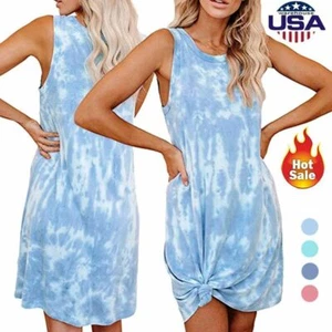 Womens Ladies Tie Dye Sleeveless T-Shirt Dress Summer Casual Loose Tank Dress - Picture 1 of 16