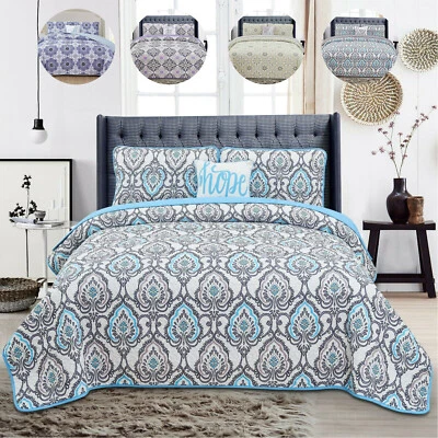 Luxury 4 Pcs Bedspread Queen King Size Down Alternative Reversible Bed Throw Set