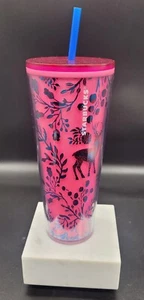Starbucks 2022 Holiday Woodland Lace Pink Color Changing 24-Oz Tumbler & Straw - Picture 1 of 7