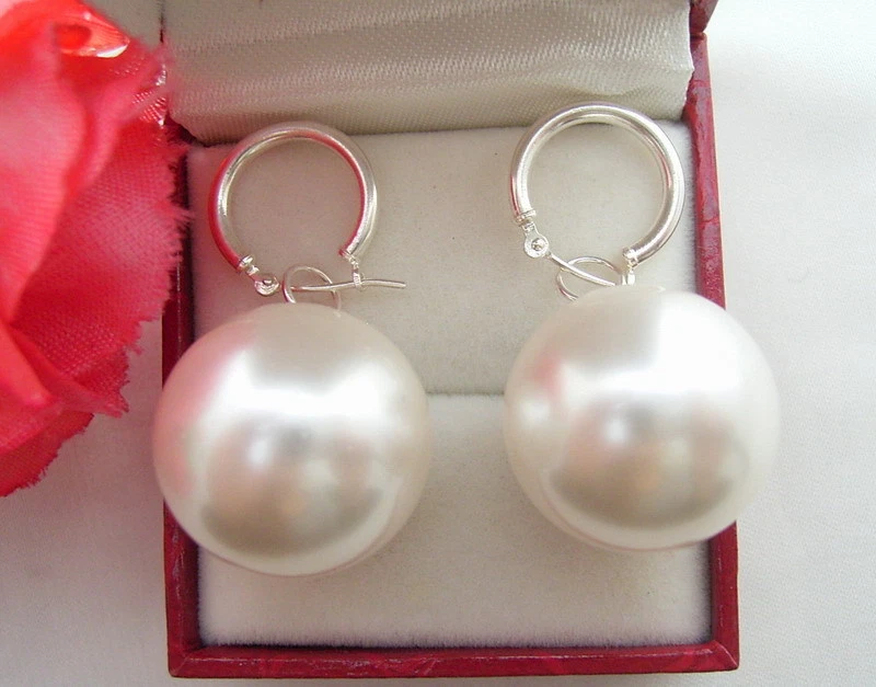 20MM White Round Sea Shell Pearl  Silver Hoop Earrings free shipping - Image 1 of 1