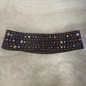 Brown Leather Chunky Waist Belt Statement Belt Multicolor Rhinestone And Studs - Picture 1 of 9