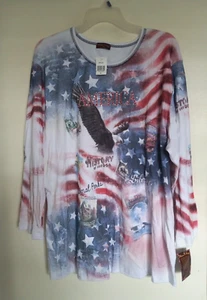 Flower N Ring 3X Plus Top Stretch America Prints Studded Blouse NEW - Picture 1 of 4