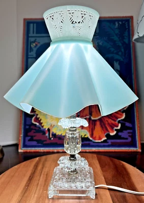 Mid-Century BOUDOIR LAMP 1950s Pressed/Cut Glass with Plastic Shade - Image 1 of 4
