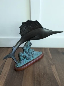 Bronze Swordfish Marlin Fish Figure Statue Rivers Edge Products Rustic Wood Base - Picture 1 of 17