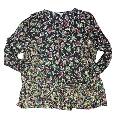 Blusa túnica campesina negra con estampado floral 3X para mujer JJill manga larga Foto 1 de 3