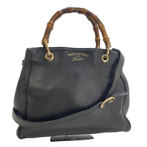 GUCCI 2Way Bamboo Tote Bag Leather Black Authentic G06081156 - Picture 1 of 24