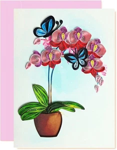 Jarrón de orquídea quilling tarjeta de felicitación - arte único dedicado hecho a mano/hecho a mano - Imagen 1 de 4