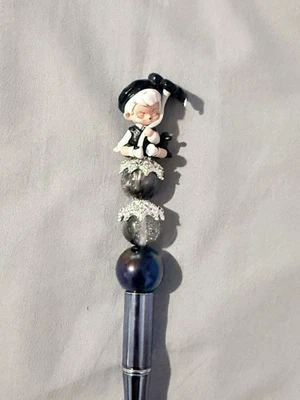 Beaded pen custom gifts! Basket fillers! Journal Collect! Boy with Flower Black - Image 1 of 3