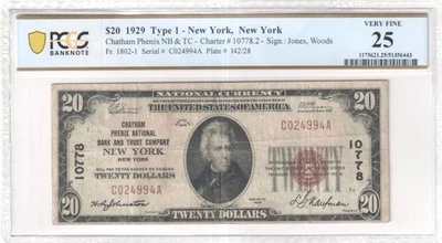 1929 $20 Type 1 Chatham Phenix Charter New York NY PCGS VF25 Fr.1802-1 - Image 1 of 2