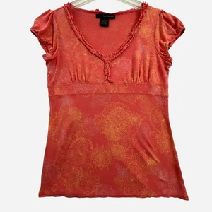 Calvin Klein Babydoll Top Womens Medium Coral Pink Paisley Ruffle Artsy Fairy - Picture 1 of 10