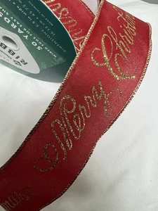 10 Yards 2.5 Inch Wired Ribbon Burgundy Gold Merry Christmas Script Holiday - Picture 1 of 1