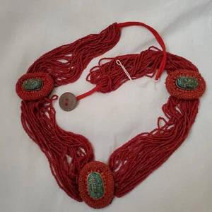 Red Hand Beaded 35" Small Belt or Necklace Faux Printed Turquoise (India) - Picture 1 of 6