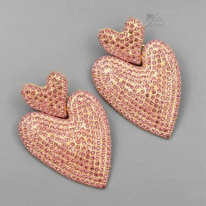Women Pink Crystal Rhinestone Drop Dangle Earrings Heart Gold Plated 20172 - Picture 1 of 4