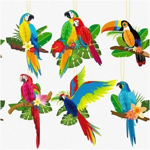 Tropical Tiki Party Pack: 6 Large Parrot Honeycomb Cutouts & Pendant Decorations - Picture 1 of 7