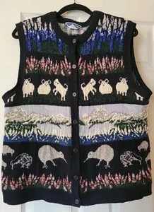 Vtg 80s Alpine Themed PURE WOOL Knit Ski Vest Sweater Made In New Zealand XL - Picture 1 of 7