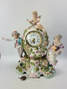 Large Antique Porcelain Dresden German Mantel Clock - Picture 1 of 24