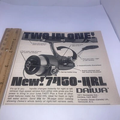 Carrete de pesca Daiwa 7450 HRL anuncio impreso de colección 1973 5”X5” California y BC CAN FF1 Foto 1 de 4