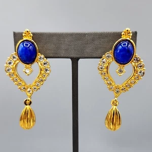 Avon Sapphire Glass Cabochon Rhinestone Pave Gold Tone Estruscan Post Earrings - Picture 1 of 11