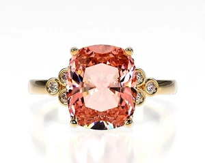 Anillo de aniversario natural de zafiro Padparadscha de corte cojín de 5 quilates enchapado en oro de 14 quilates - Imagen 1 de 7