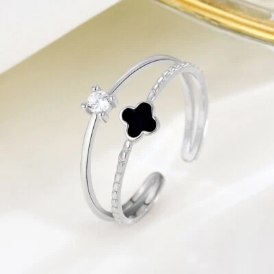 Doppel Ring Kleeblatt Schwarz 50-54 verstellbar Silber 925 Zirkonia offen - Bild 1 von 3